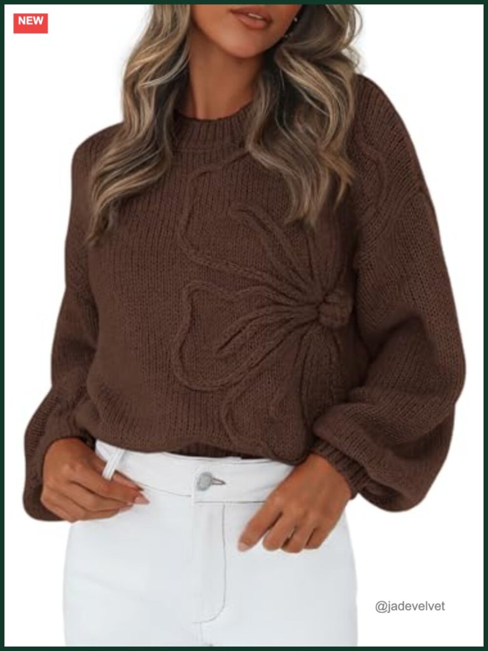 Oversized 3D Floral Knit Sweater Women Crew Neck Drop Shoulder Lantern Sleeve
